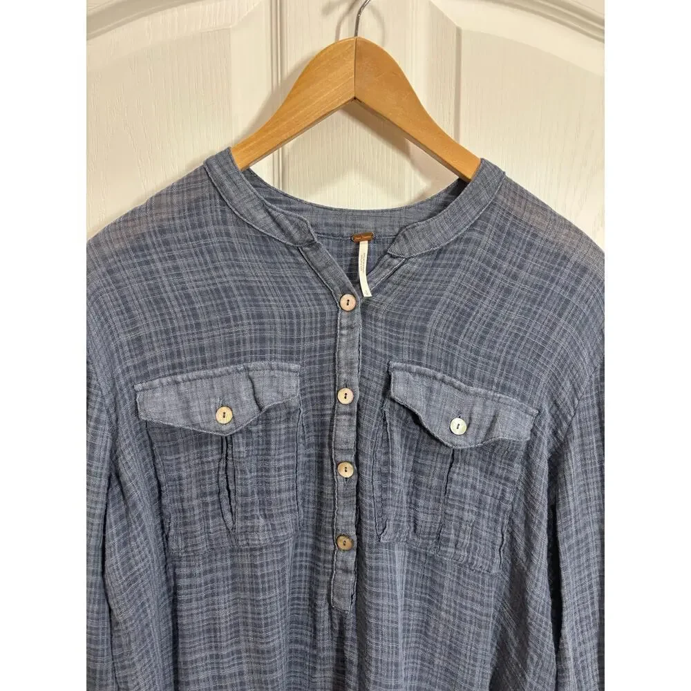 Free People Women S Talk To Me Long Sleeve Frayed Hem Popover lightweight Tunic - Picture 2 of 9